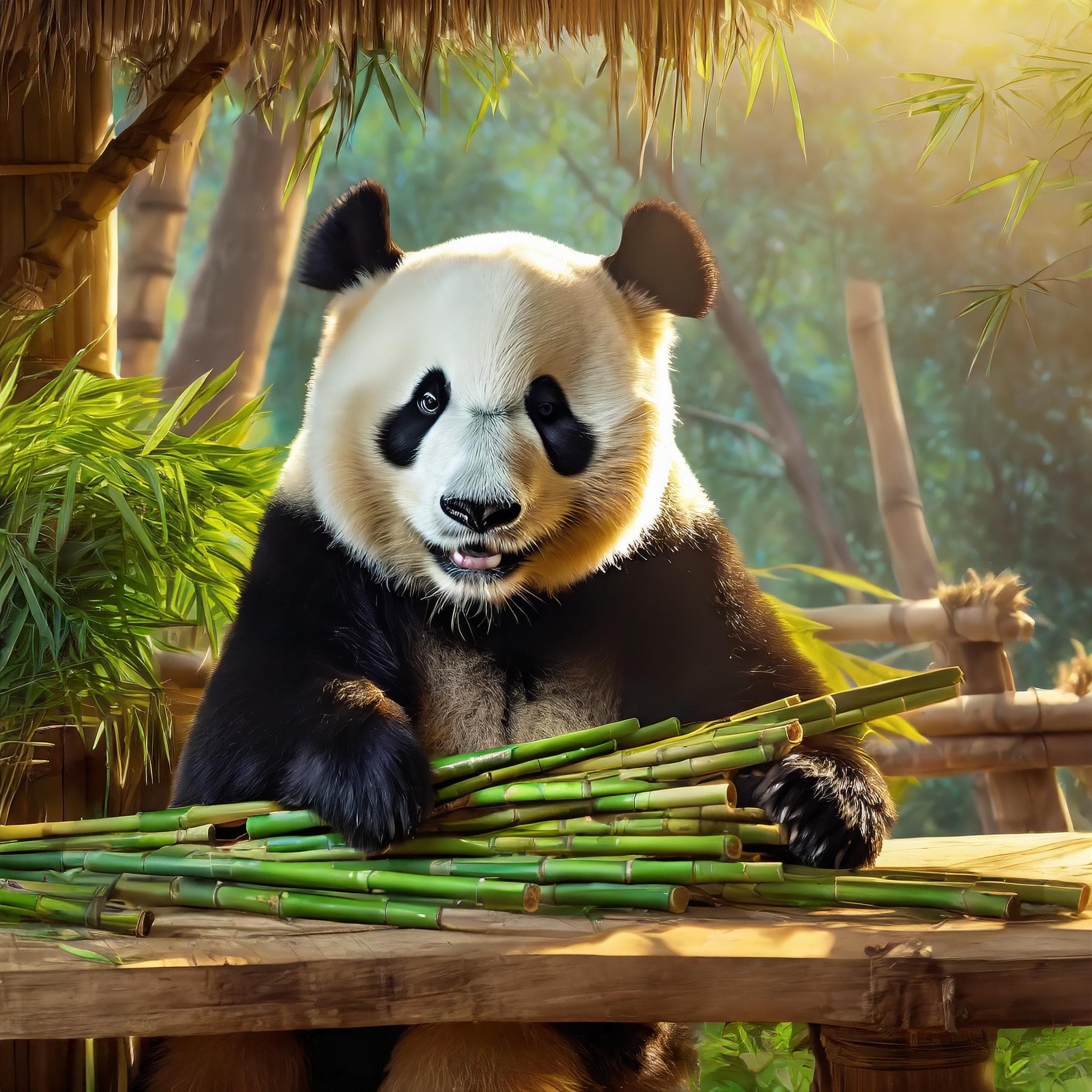 Ein Pandabär bietet seinen Bambus an