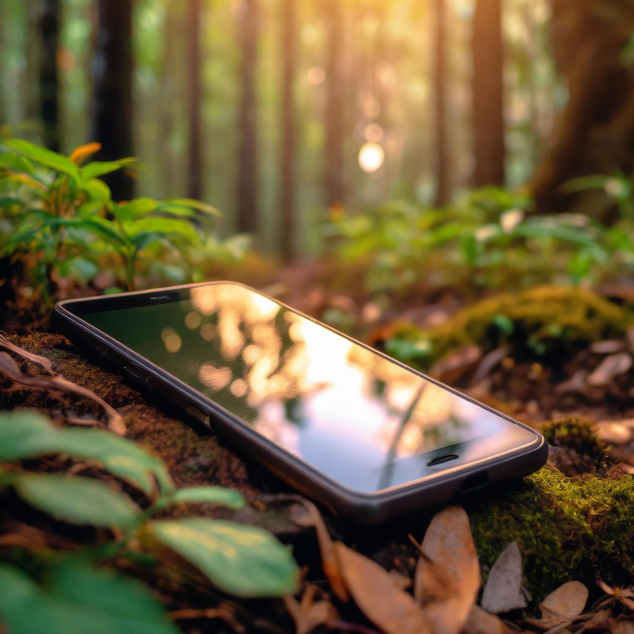 A smartphone lies in the forest.